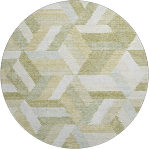HomeRoots 8' Round Washable Rug in Artichoke Green, Ivory & Wheat – Geometric Design with UV Protection & Stain Resistance 692427
