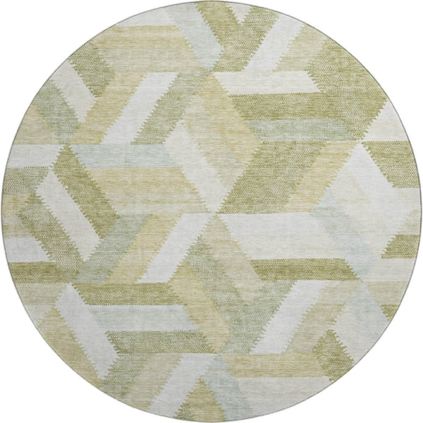 HomeRoots 8' Round Washable Rug in Artichoke Green, Ivory & Wheat – Geometric Design with UV Protection & Stain Resistance 692427