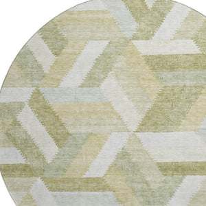 HomeRoots 8' Round Washable Rug in Artichoke Green, Ivory & Wheat – Geometric Design with UV Protection & Stain Resistance 692427