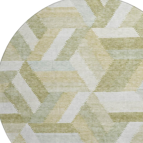 HomeRoots 8' Round Washable Rug in Artichoke Green, Ivory & Wheat – Geometric Design with UV Protection & Stain Resistance 692427