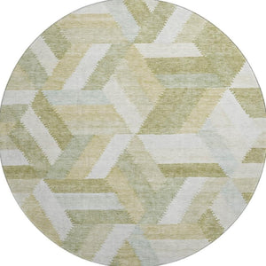 HomeRoots 8' Round Washable Rug in Artichoke Green, Ivory & Wheat – Geometric Design with UV Protection & Stain Resistance 692427
