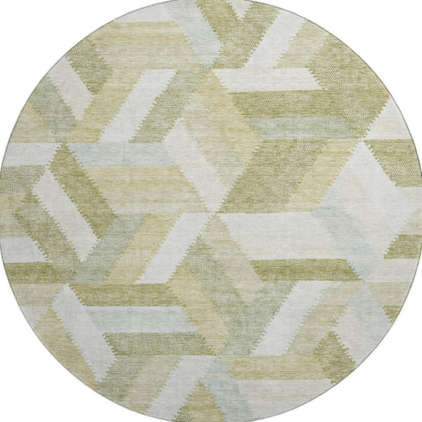 HomeRoots 8' Round Washable Rug in Artichoke Green, Ivory & Wheat – Geometric Design with UV Protection & Stain Resistance 692427