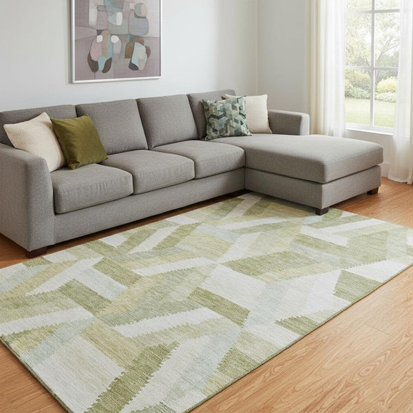 HomeRoots 8' Artichoke Green Geometric Area Rug - Washable, UV-Protected, Stain-Resistant & Pet-Friendly Design 692428