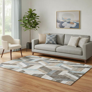 HomeRoots 5' X 8' Stylish Brown Ivory Gray Geometric Washable Area Rug with UV Protection for Easy Care 692432