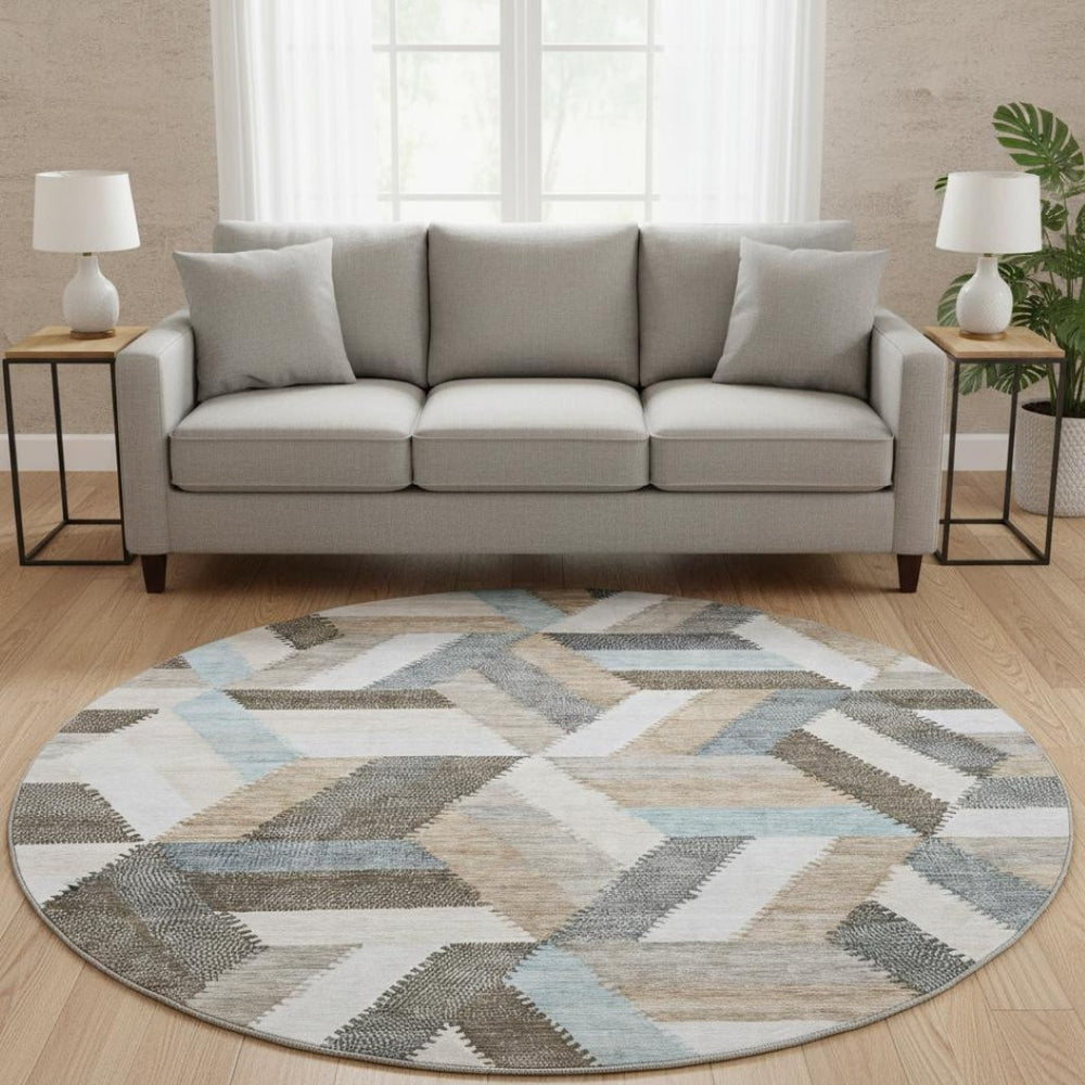 HomeRoots 8' Round Washable Rug in Brown, Ivory & Gray - Geometric Design with UV Protection & Non-Slip Backing 692433