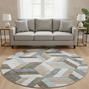HomeRoots 8' Round Washable Rug in Brown, Ivory & Gray - Geometric Design with UV Protection & Non-Slip Backing 692433