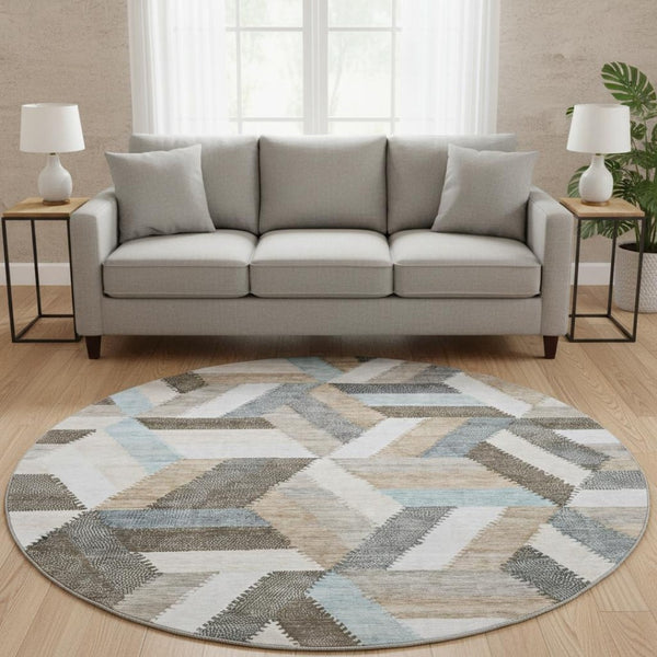 HomeRoots 8' Round Washable Rug in Brown, Ivory & Gray - Geometric Design with UV Protection & Non-Slip Backing 692433