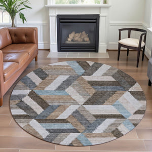 HomeRoots 8' Round Washable Rug in Brown, Ivory & Gray - Geometric Design with UV Protection & Non-Slip Backing 692433