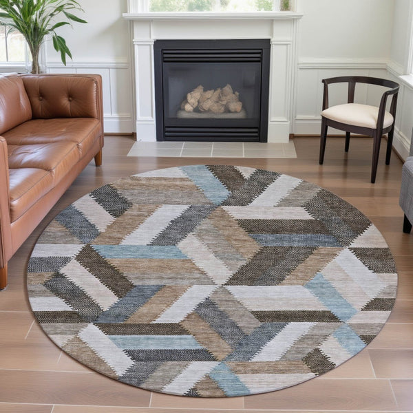HomeRoots 8' Round Washable Rug in Brown, Ivory & Gray - Geometric Design with UV Protection & Non-Slip Backing 692433
