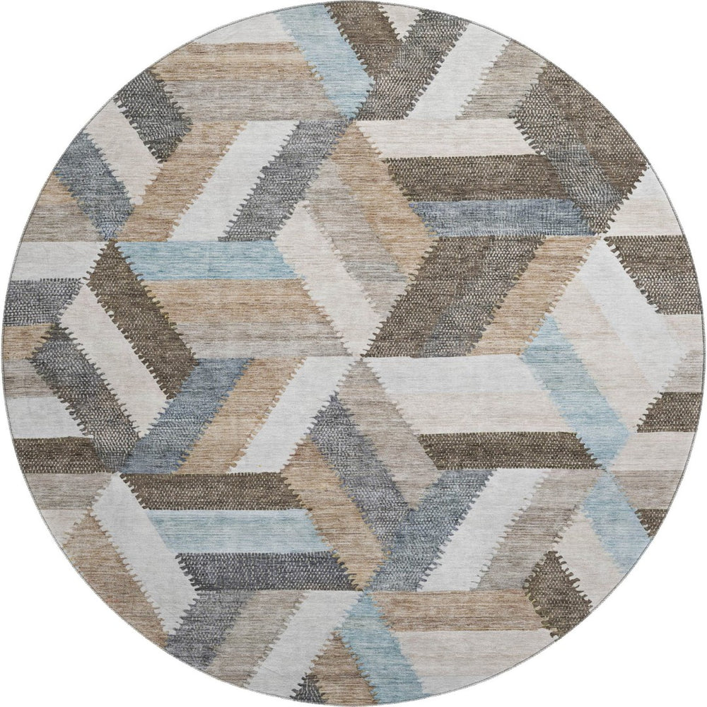 HomeRoots 8' Round Washable Rug in Brown, Ivory & Gray - Geometric Design with UV Protection & Non-Slip Backing 692433