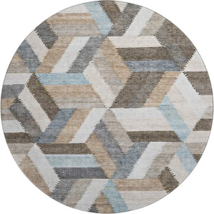 HomeRoots 8' Round Washable Rug in Brown, Ivory & Gray - Geometric Design with UV Protection & Non-Slip Backing 692433