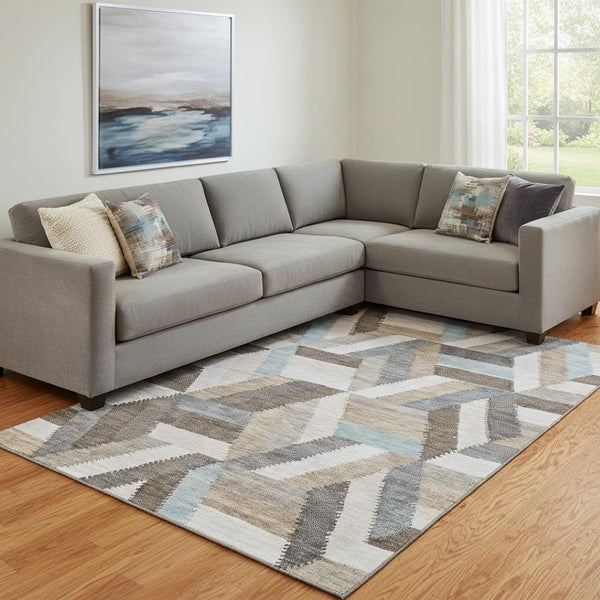 HomeRoots 8' Brown Ivory and Gray Geometric Area Rug - Washable, Stain Resistant, UV Protected for Homes 692434