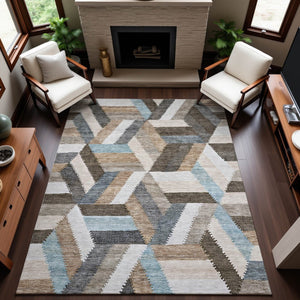 HomeRoots 8' Brown Ivory and Gray Geometric Area Rug - Washable, Stain Resistant, UV Protected for Homes 692434