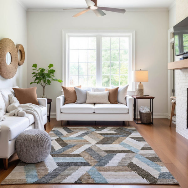 HomeRoots 8' Brown Ivory and Gray Geometric Area Rug - Washable, Stain Resistant, UV Protected for Homes 692434