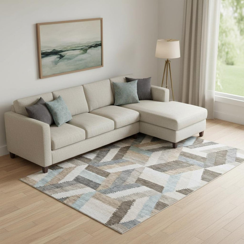 HomeRoots 9' X 12' Washable Geometric Area Rug in Brown, Ivory & Gray with UV Protection for High-Traffic Spaces 692435