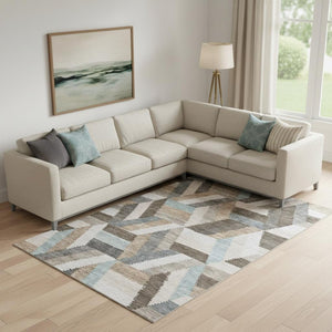 HomeRoots 10' X 14' Modern Brown Ivory Gray Geometric Washable Area Rug with UV Protection for Busy Homes 692436