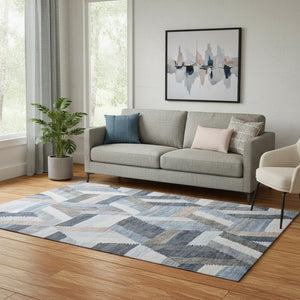 HomeRoots 5' X 8' Stylish Blue, Silver & Gray Geometric Area Rug - Washable, UV Protected, Durable Design 692438