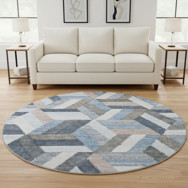 HomeRoots 8' X 8' Modern Geometric Round Rug in Blue, Silver & Gray - Durable, Washable & UV Protected Design 692439