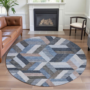 HomeRoots 8' X 8' Modern Geometric Round Rug in Blue, Silver & Gray - Durable, Washable & UV Protected Design 692439