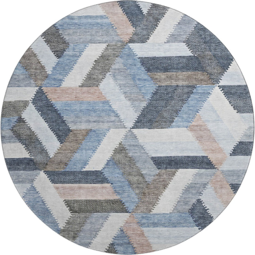 HomeRoots 8' X 8' Modern Geometric Round Rug in Blue, Silver & Gray - Durable, Washable & UV Protected Design 692439