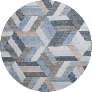 HomeRoots 8' X 8' Modern Geometric Round Rug in Blue, Silver & Gray - Durable, Washable & UV Protected Design 692439