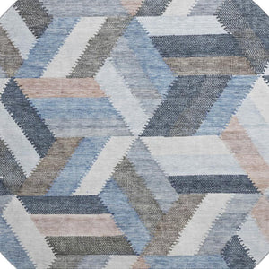 HomeRoots 8' X 8' Modern Geometric Round Rug in Blue, Silver & Gray - Durable, Washable & UV Protected Design 692439