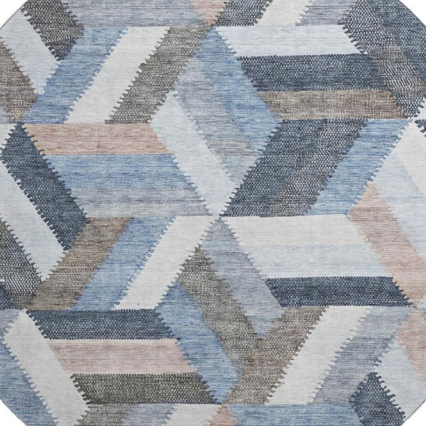 HomeRoots 8' X 8' Modern Geometric Round Rug in Blue, Silver & Gray - Durable, Washable & UV Protected Design 692439