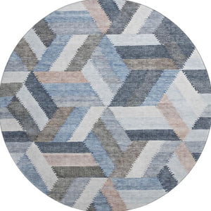 HomeRoots 8' X 8' Modern Geometric Round Rug in Blue, Silver & Gray - Durable, Washable & UV Protected Design 692439