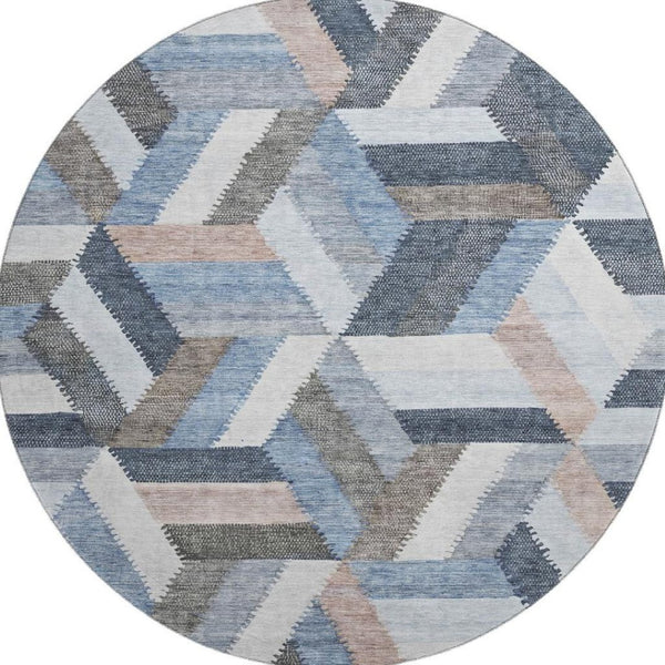 HomeRoots 8' X 8' Modern Geometric Round Rug in Blue, Silver & Gray - Durable, Washable & UV Protected Design 692439
