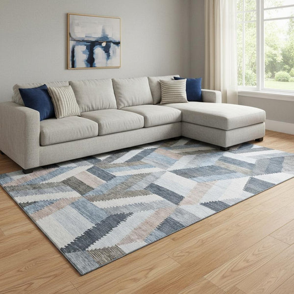 HomeRoots 8' Geometric Washable Area Rug in Blue, Silver & Gray – UV-Protected, Non-Slip, Durable Design! 692440