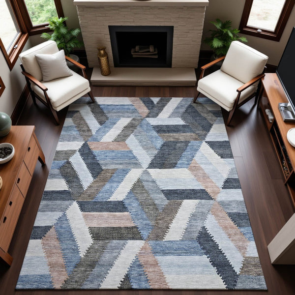 HomeRoots 9' X 12' Stylish Blue Silver Gray Geometric Washable Area Rug with UV Protection & Stain Resistance 692441