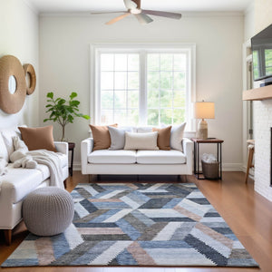 HomeRoots 9' X 12' Stylish Blue Silver Gray Geometric Washable Area Rug with UV Protection & Stain Resistance 692441