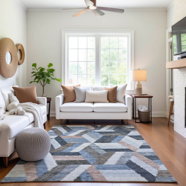 HomeRoots 9' X 12' Stylish Blue Silver Gray Geometric Washable Area Rug with UV Protection & Stain Resistance 692441
