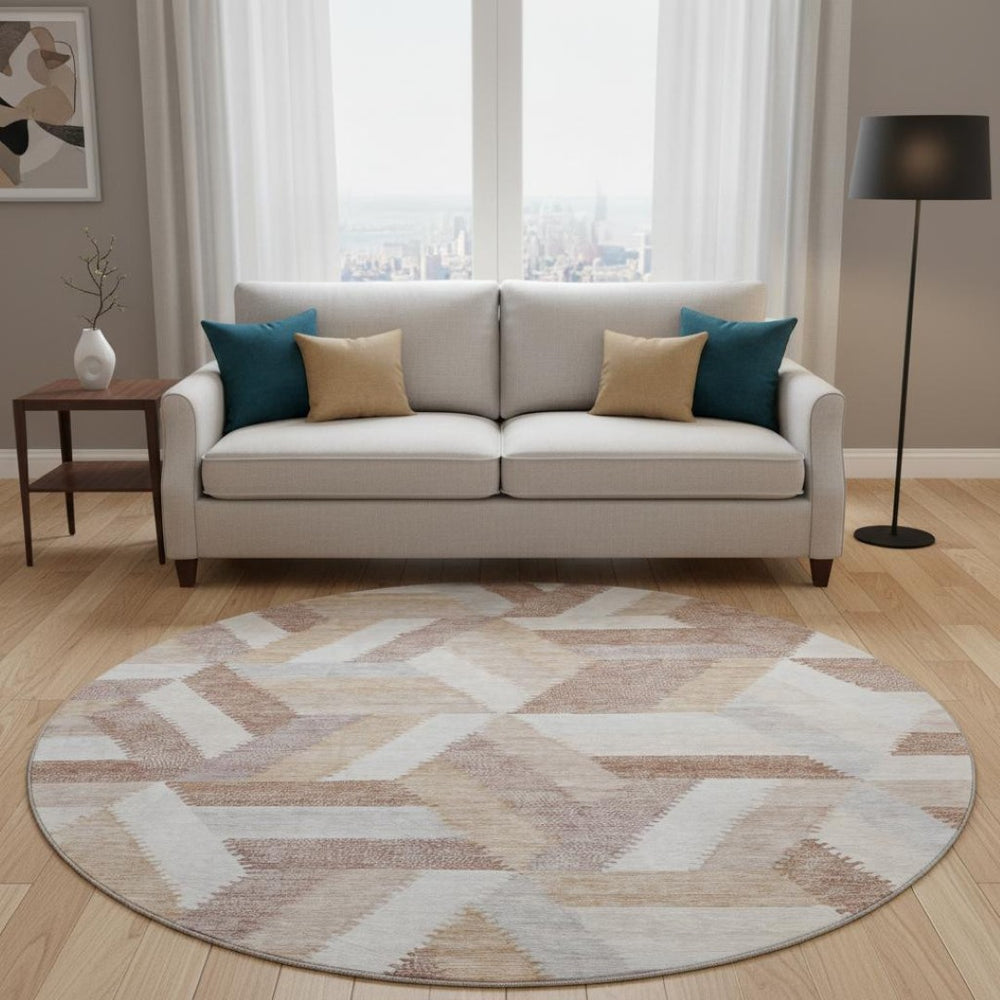 HomeRoots 8' X 8' Modern Geometric Washable Round Rug in Copper, Ivory & Gray - UV Protected & Durable Design 692445