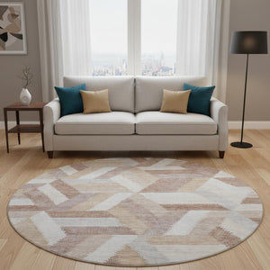 HomeRoots 8' X 8' Modern Geometric Washable Round Rug in Copper, Ivory & Gray - UV Protected & Durable Design 692445