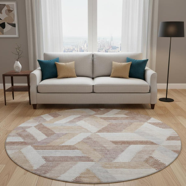 HomeRoots 8' X 8' Modern Geometric Washable Round Rug in Copper, Ivory & Gray - UV Protected & Durable Design 692445