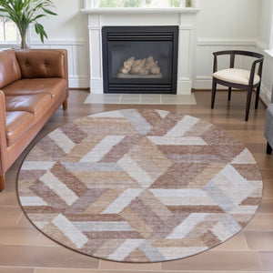 HomeRoots 8' X 8' Modern Geometric Washable Round Rug in Copper, Ivory & Gray - UV Protected & Durable Design 692445