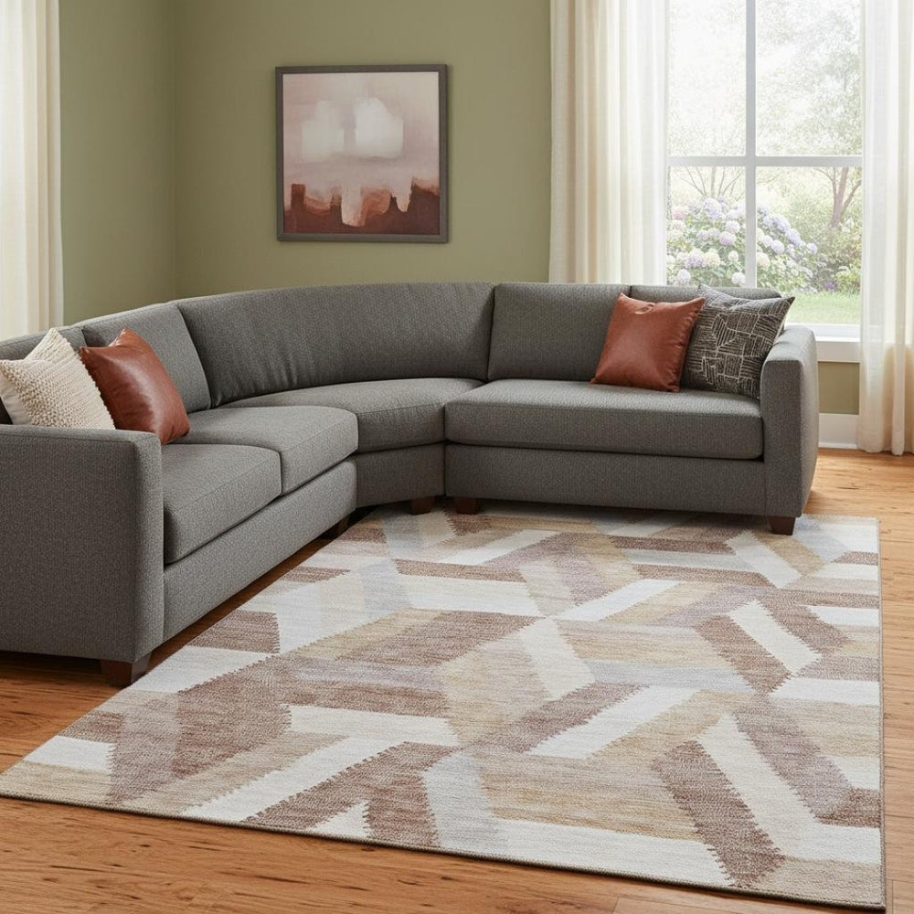 HomeRoots 8' Washable Copper, Ivory & Gray Geometric Area Rug with UV Protection for High-Traffic Spaces 692446