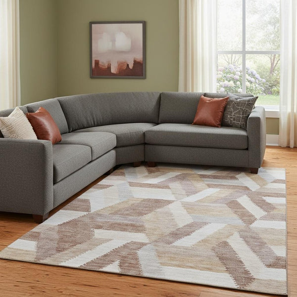 HomeRoots 8' Washable Copper, Ivory & Gray Geometric Area Rug with UV Protection for High-Traffic Spaces 692446