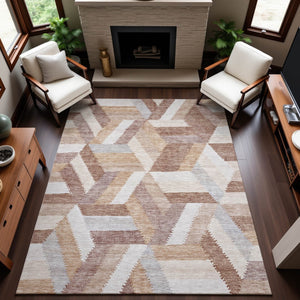 HomeRoots 8' Washable Copper, Ivory & Gray Geometric Area Rug with UV Protection for High-Traffic Spaces 692446