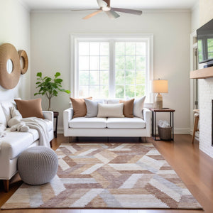 HomeRoots 8' Washable Copper, Ivory & Gray Geometric Area Rug with UV Protection for High-Traffic Spaces 692446