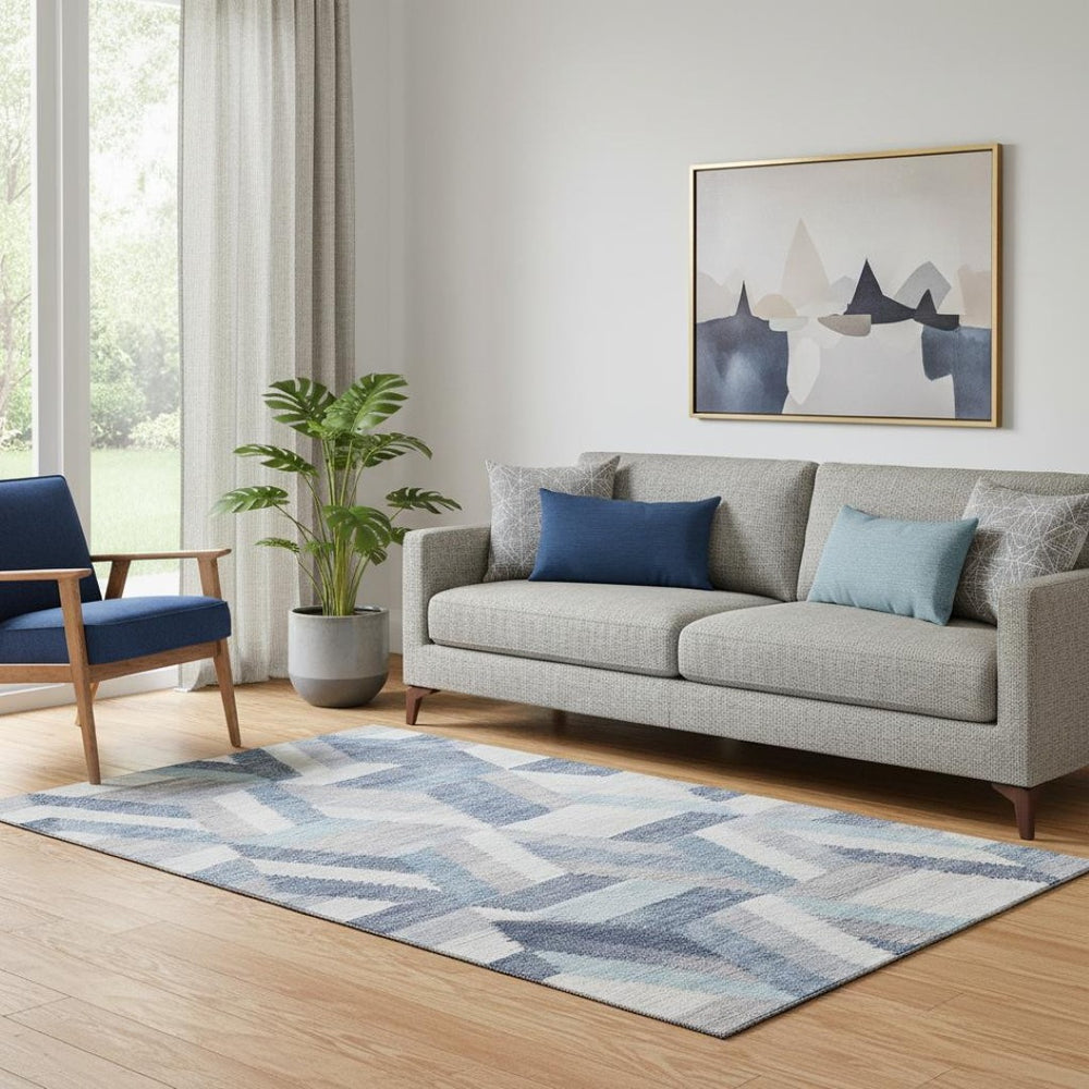 HomeRoots 5' X 8' Denim Blue, Ivory & Gray Geometric Area Rug - Washable, Stain Resistant, UV Protected Design 692450