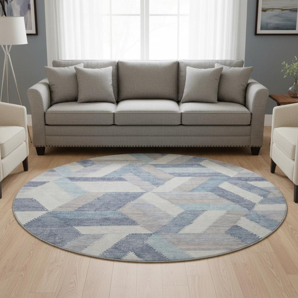 HomeRoots 8' X 8' Denim Blue Geometric Round Rug with UV Protection – Durable, Washable, & Stain-Resistant! 692451