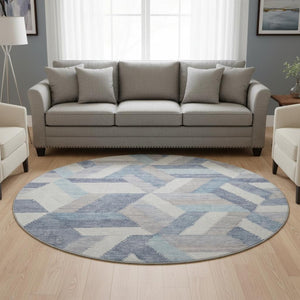 HomeRoots 8' X 8' Denim Blue Geometric Round Rug with UV Protection – Durable, Washable, & Stain-Resistant! 692451