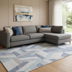 HomeRoots 8' Modern Geometric Washable Area Rug in Denim Blue, Ivory & Gray - Durable, UV Protected Design 692452