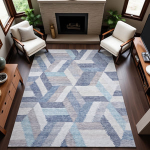 HomeRoots 8' Modern Geometric Washable Area Rug in Denim Blue, Ivory & Gray - Durable, UV Protected Design 692452
