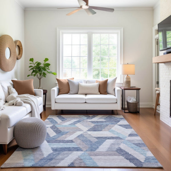 HomeRoots 8' Modern Geometric Washable Area Rug in Denim Blue, Ivory & Gray - Durable, UV Protected Design 692452
