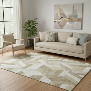 HomeRoots 5' X 8' Tan Ivory Brown Geometric Washable Area Rug - Durable, Stain Resistant, UV Protected Style! 692456