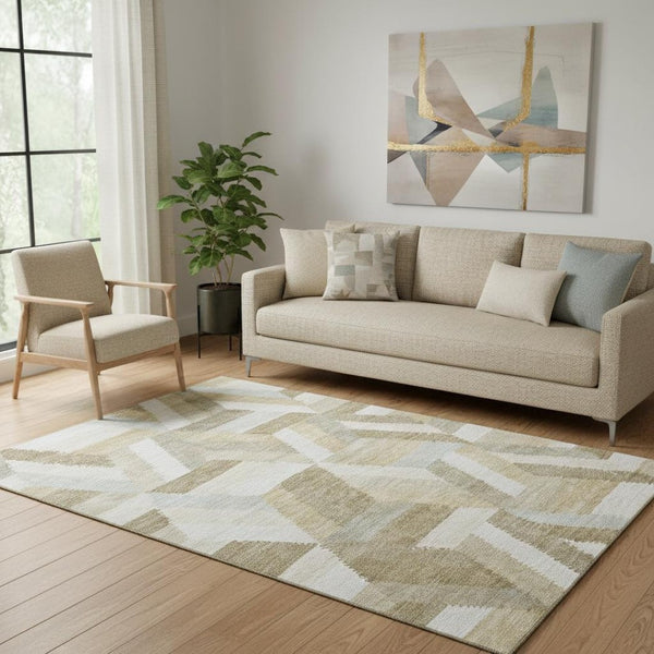 HomeRoots 5' X 8' Tan Ivory Brown Geometric Washable Area Rug - Durable, Stain Resistant, UV Protected Style! 692456