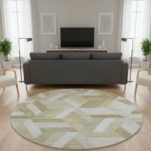 HomeRoots 8' X 8' Washable Round Rug in Tan, Ivory & Brown - UV Protected, Non-Slip, Modern Geometric Design 692457